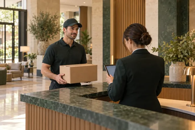 Un repartidor con una caja conversa con una recepcionista que consulta una tableta. Escena editorial generada.