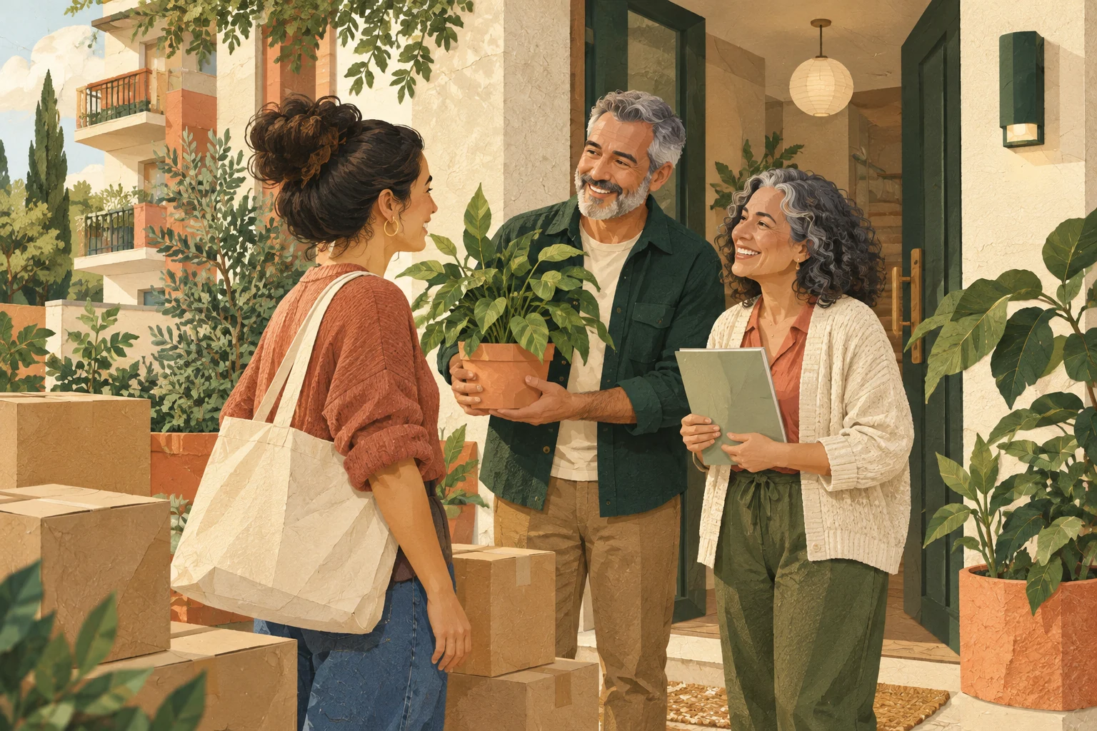 Vecinos reciben a una nueva residente con una planta y una carpeta.