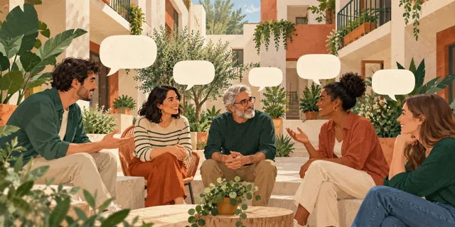 Vecinos conversan en círculo en un patio residencial ilustrado.