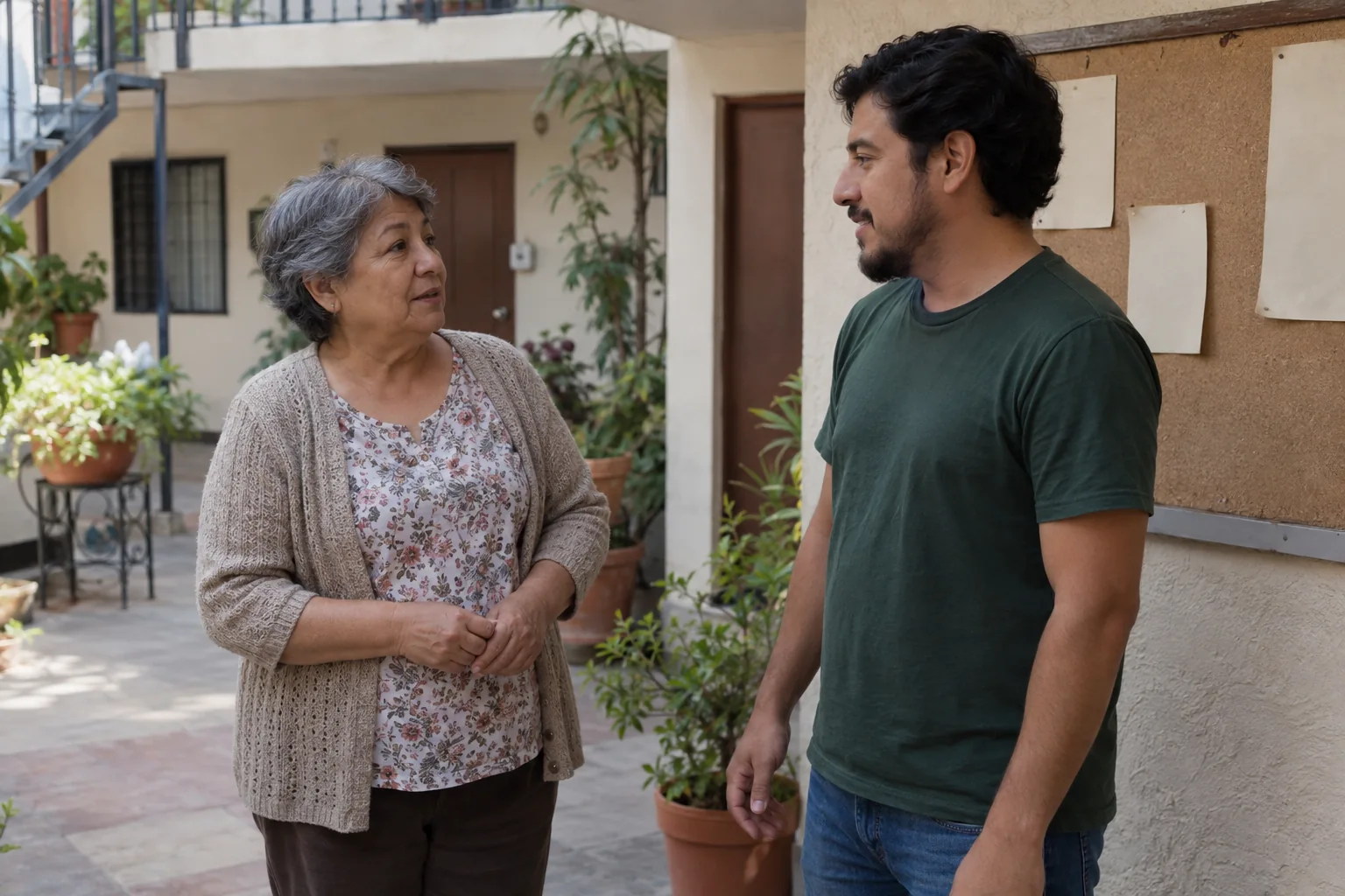 Dos personas conversando en un patio junto a un tablón con hojas sin texto.