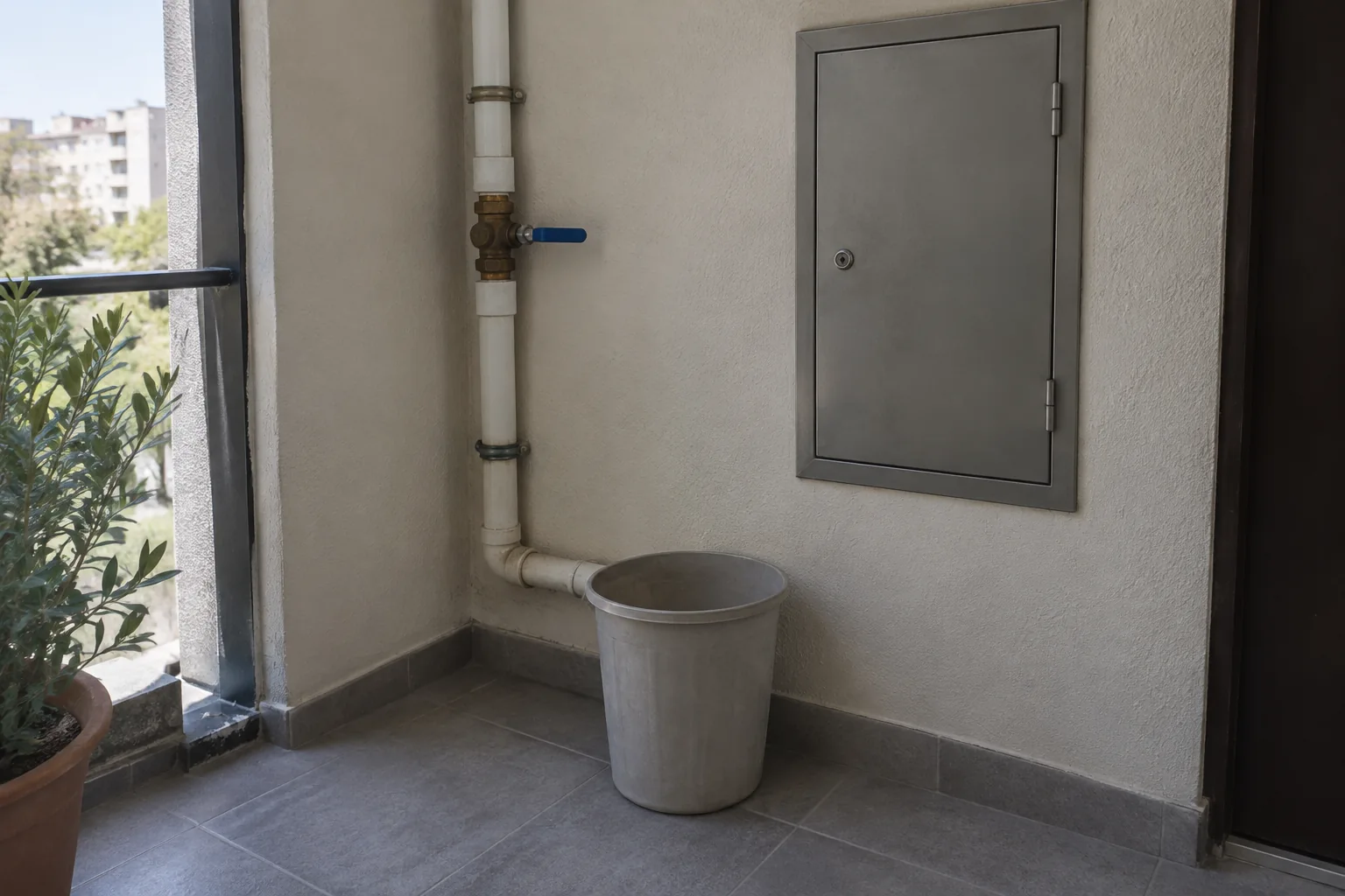 Tubería junto a un gabinete de servicio cerrado y una cubeta vacía en una zona común.