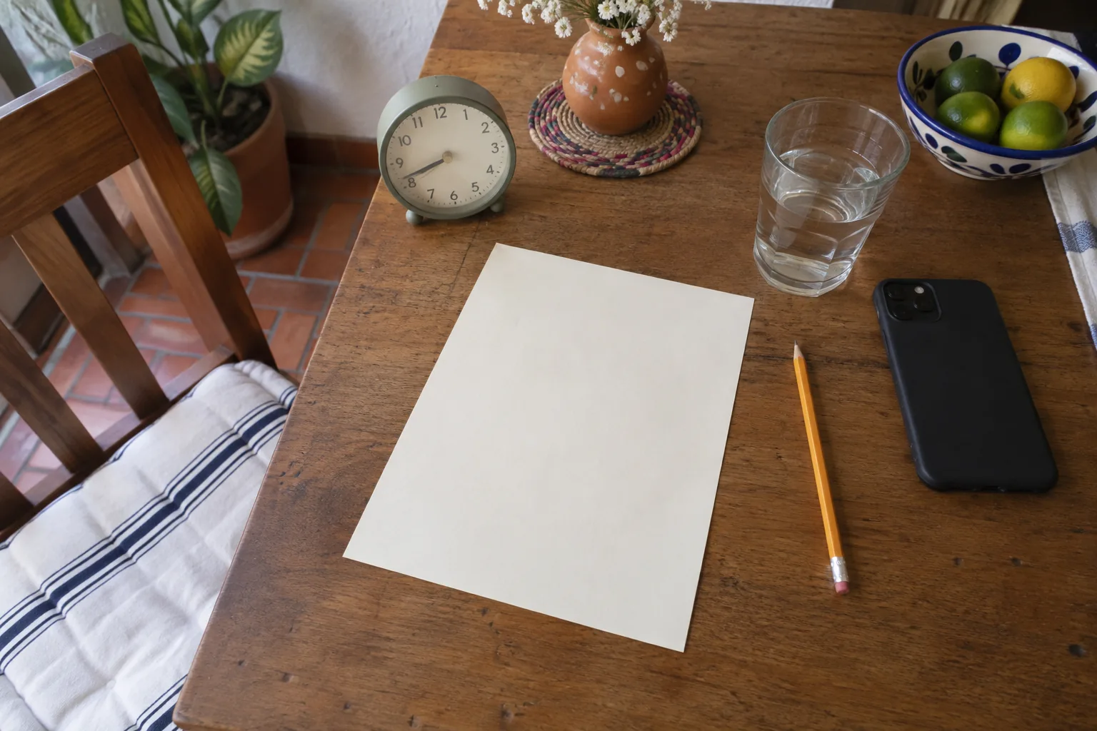 Hoja en blanco, lápiz, reloj y teléfono boca abajo sobre una mesa junto a un vaso de agua.