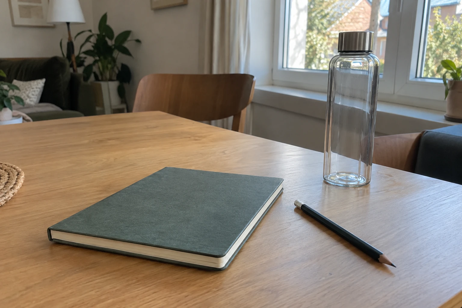 Cuaderno verde cerrado, una botella transparente con tapa oscura y un lápiz sobre una mesa.