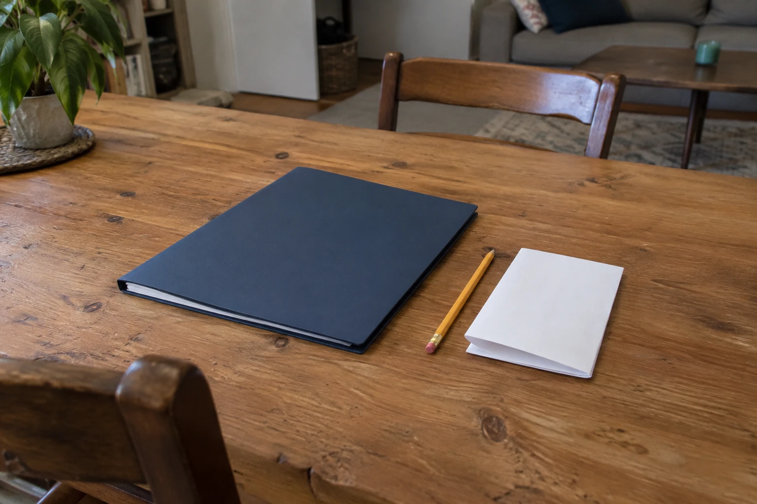 Carpeta azul, una hoja blanca doblada y un lápiz sobre una mesa.