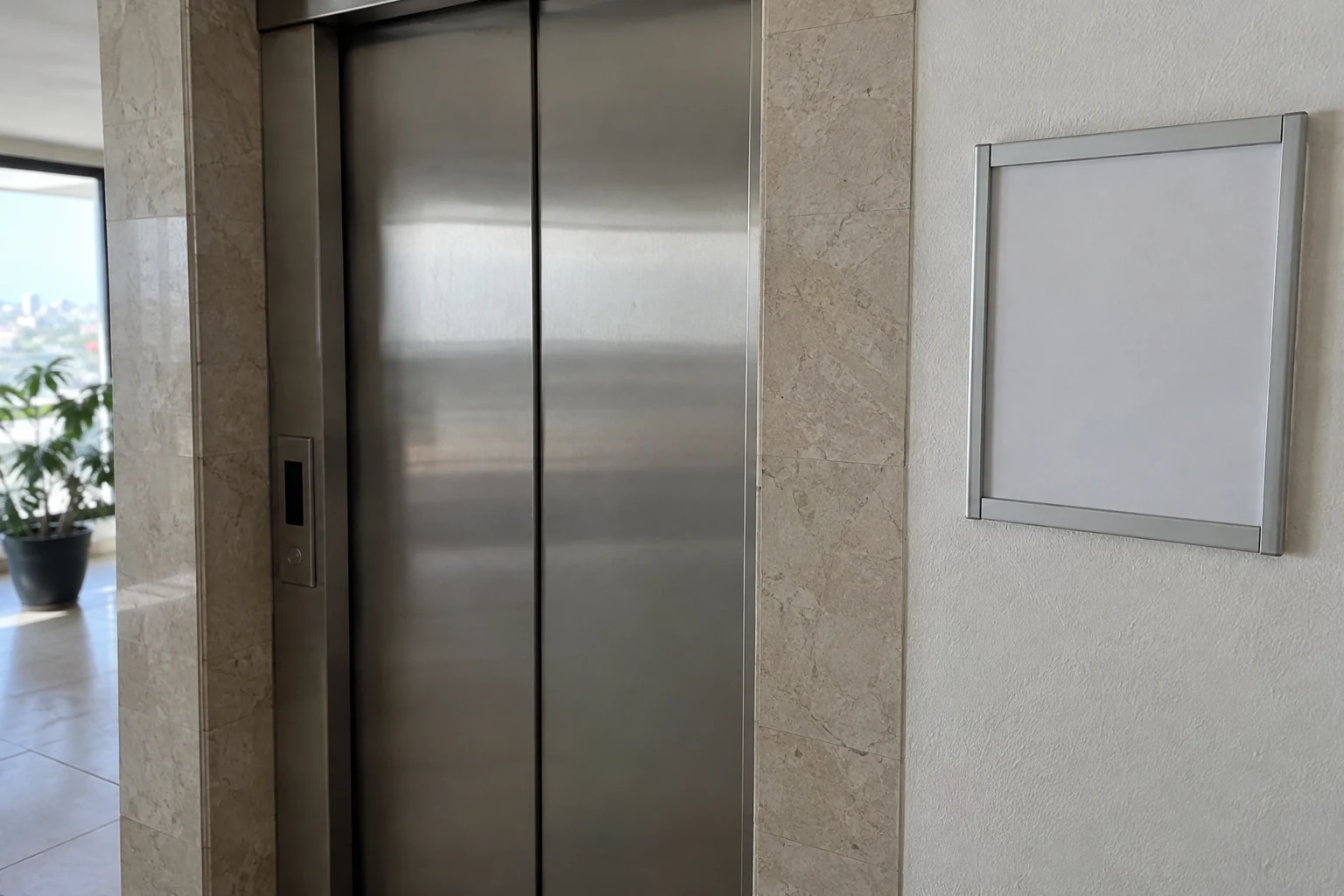 Marco de aviso vacío junto a las puertas cerradas de un elevador.