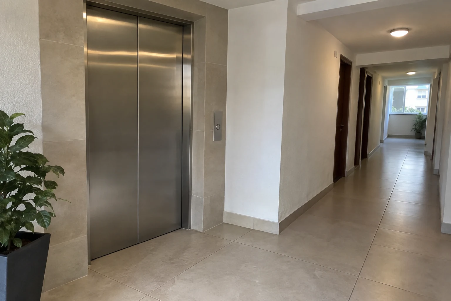 Puertas cerradas de un elevador en un pasillo iluminado.