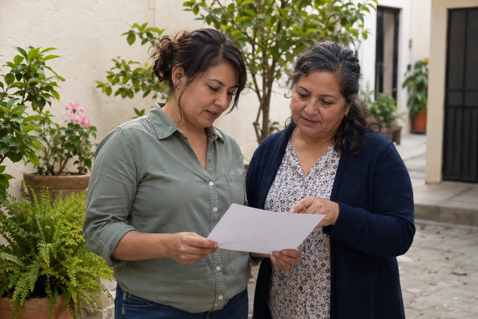 Dos mujeres conversan tranquilamente con una hoja sin datos en un patio residencial.