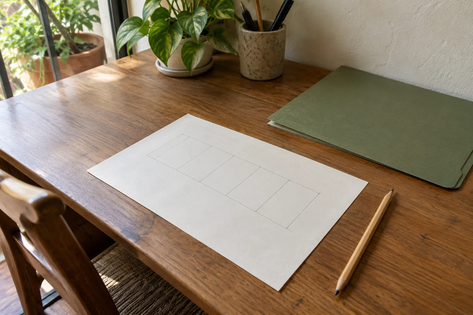 Hoja ilustrativa con rectángulos vacíos, carpeta verde y lápiz sobre una mesa.