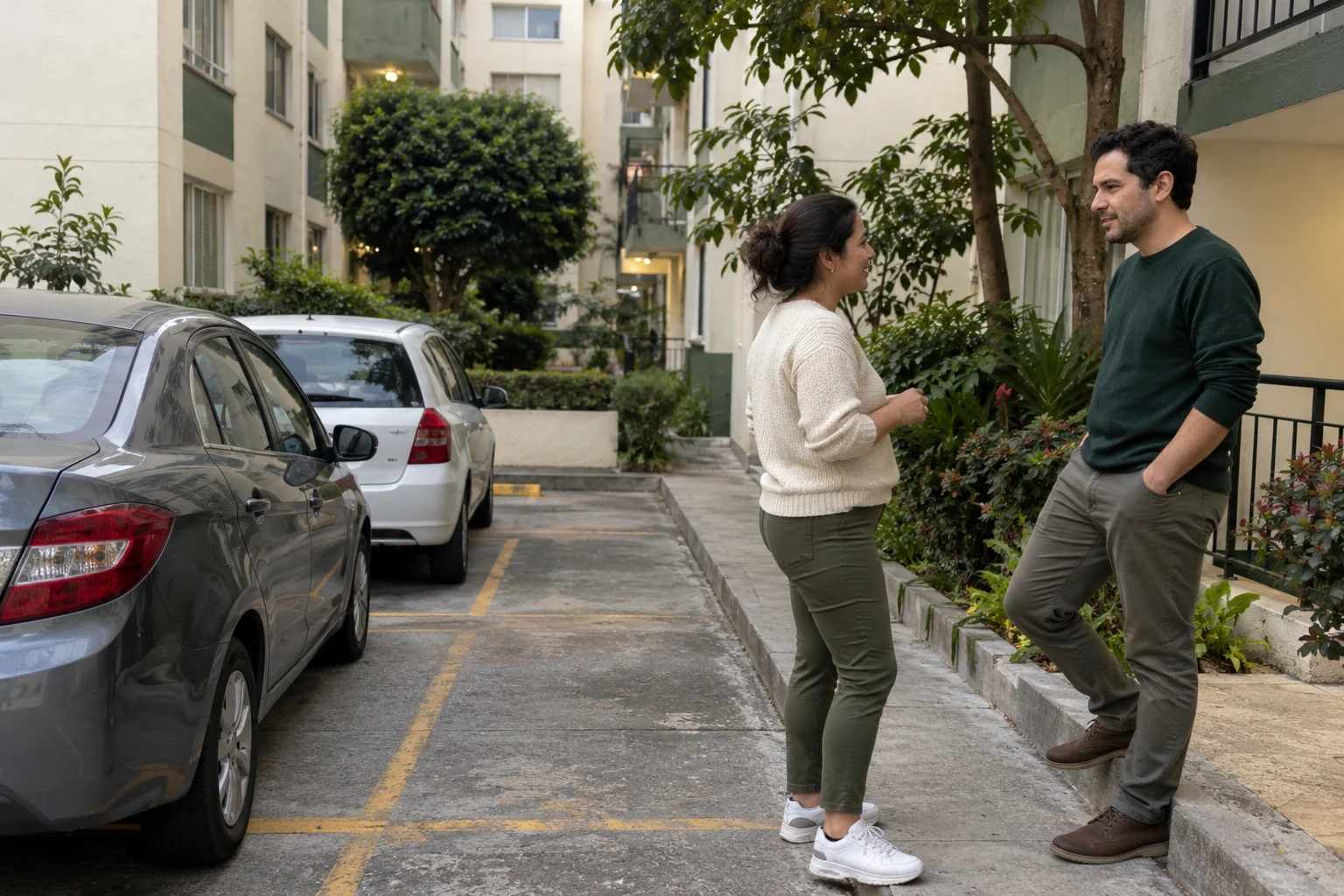 Dos personas conversan a un lado de los cajones de un patio residencial ilustrativo.