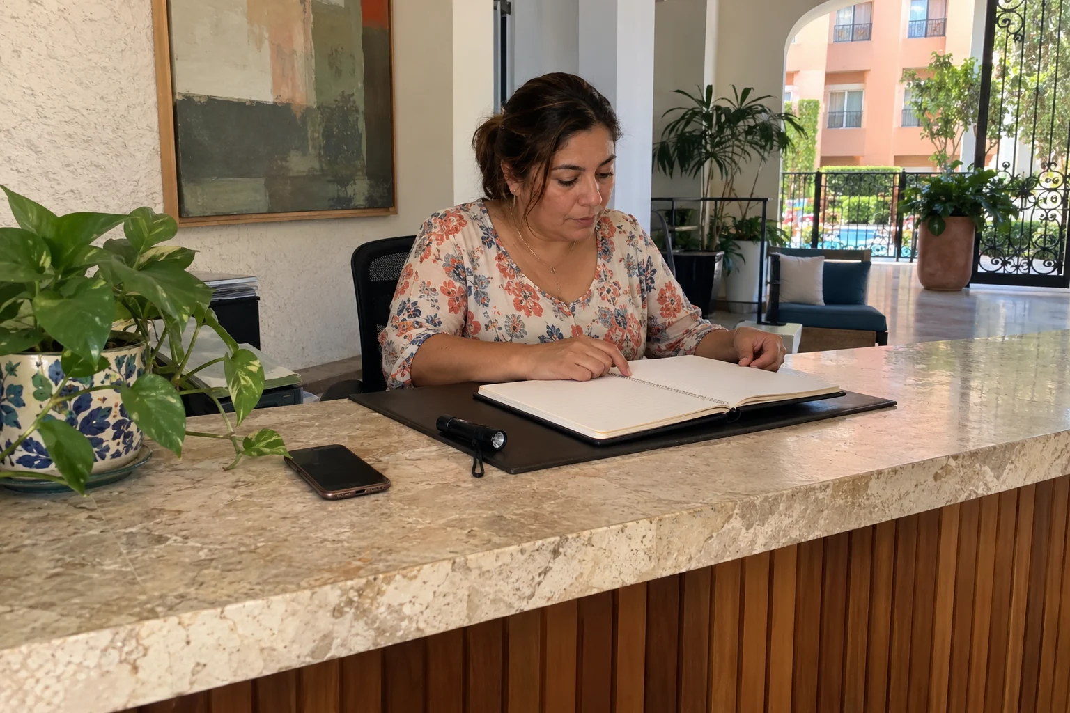 Una mujer revisa un cuaderno junto a una linterna apagada en una recepción sencilla.