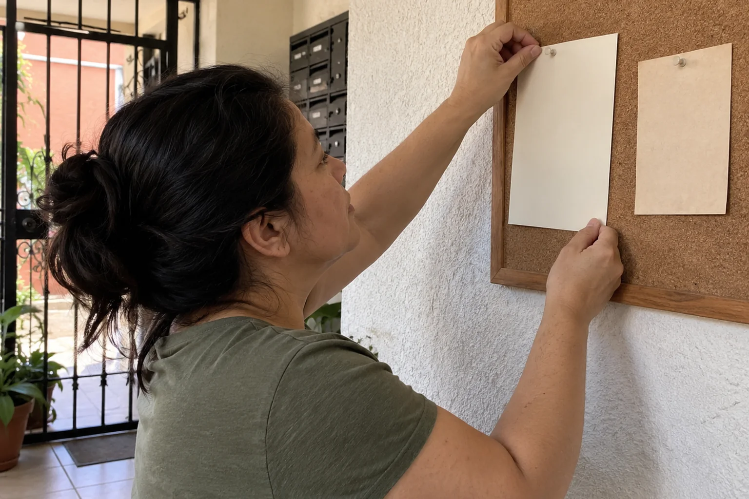 Manos de una mujer colocan una hoja sin texto en un tablero de avisos de recepción.
