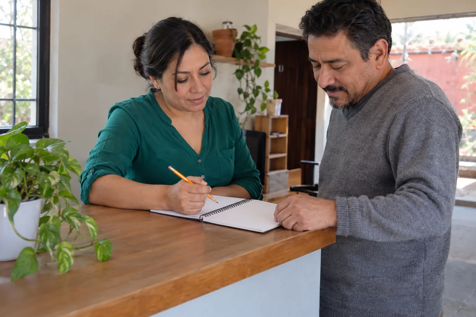 Una mujer y un hombre revisan un cuaderno sin datos en una recepción sencilla.