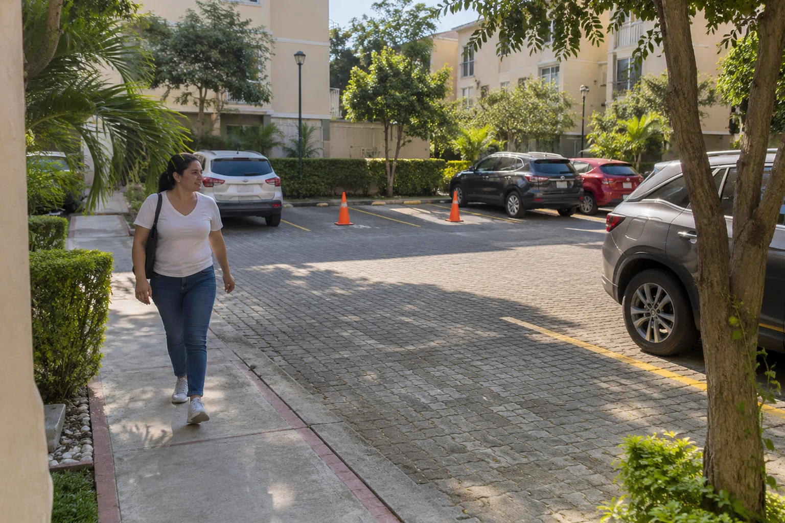 Paso peatonal despejado junto a cajones vacíos delimitados con conos, en una escena residencial ilustrativa.