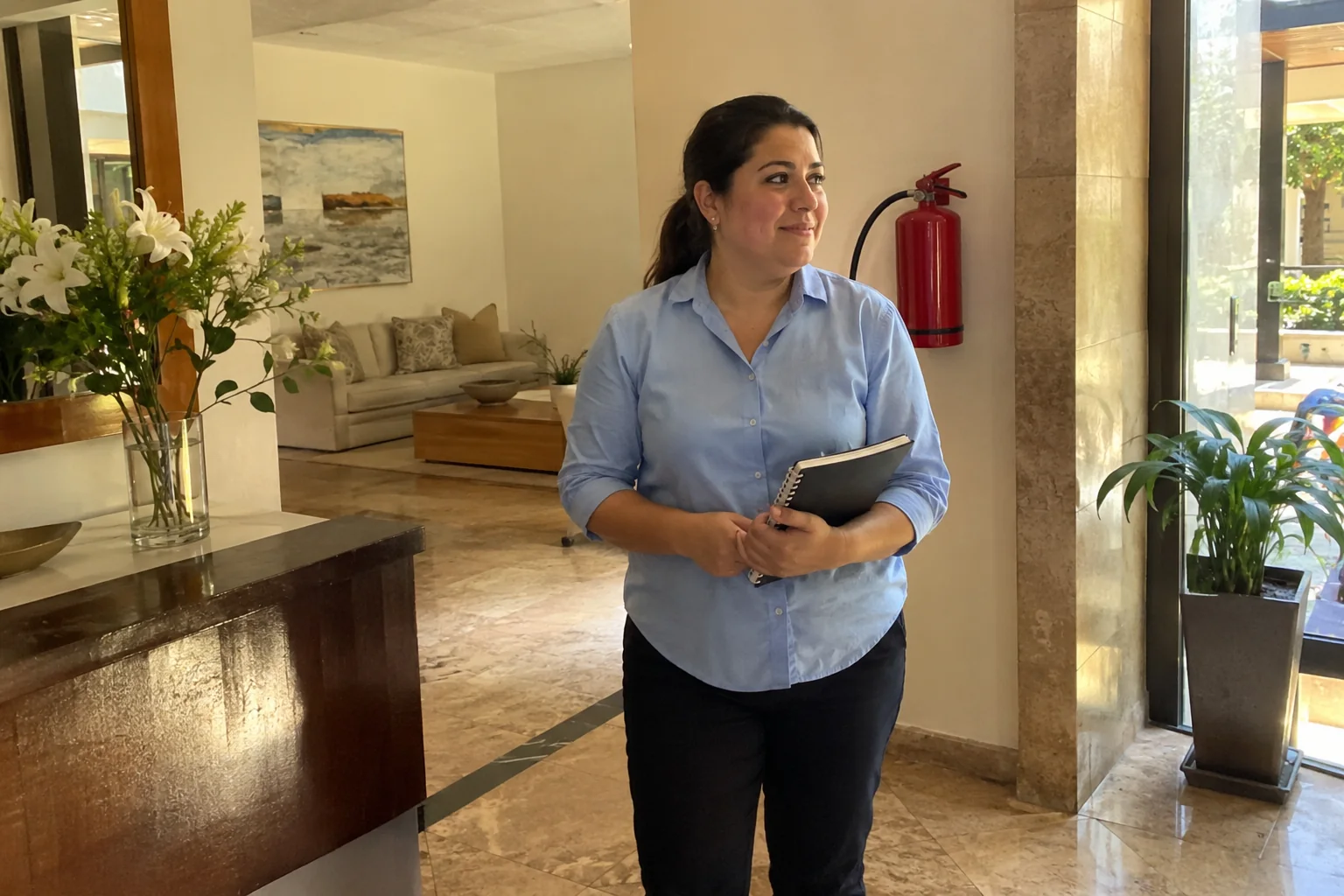 Una mujer sostiene un cuaderno en un vestíbulo, con un extintor de pared al fondo; escena ilustrativa.