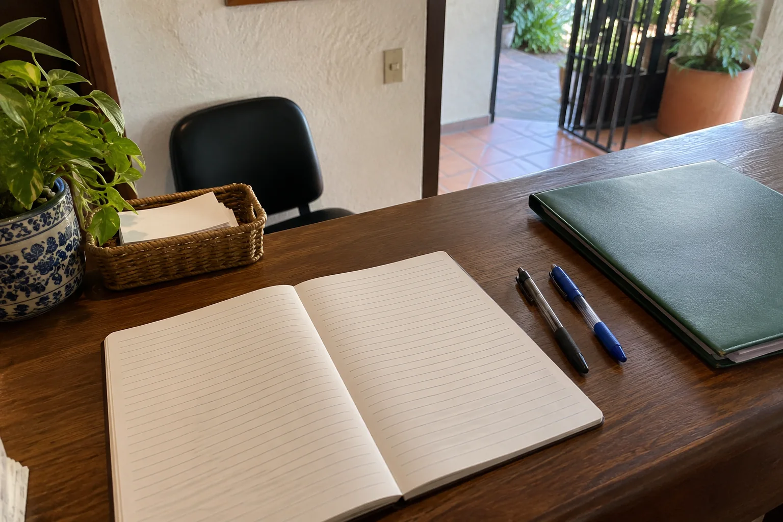 Cuaderno abierto sin datos, dos bolígrafos y una carpeta sobre un mostrador de madera.