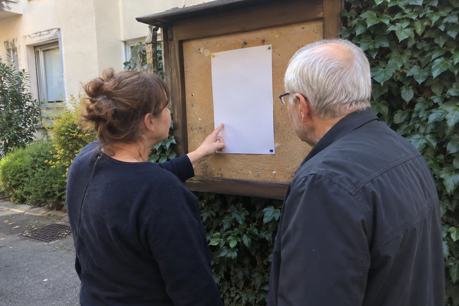Dos personas adultas miran una hoja sin texto en un tablero comunitario; escena ilustrativa.