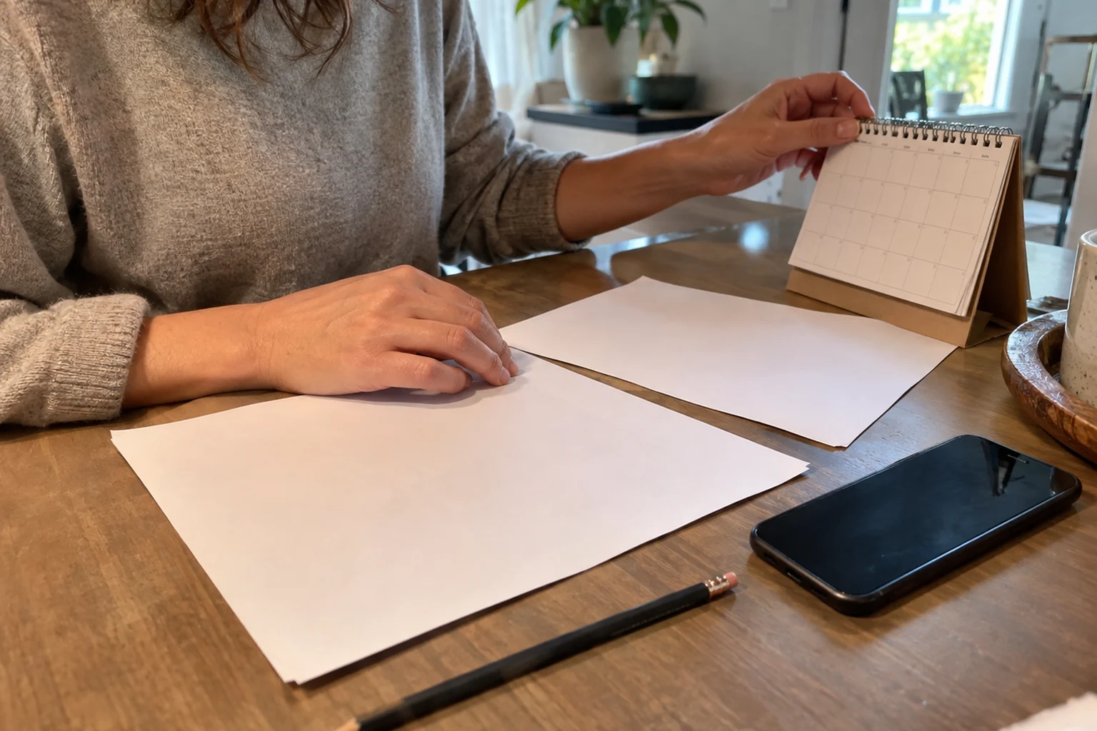 Manos de una persona revisan hojas sin texto junto a un calendario de escritorio; escena ilustrativa.