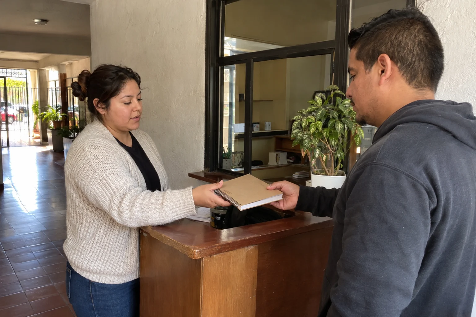 Dos personas adultas coordinan un relevo en una recepción sencilla con un cuaderno sin datos; escena ilustrativa.