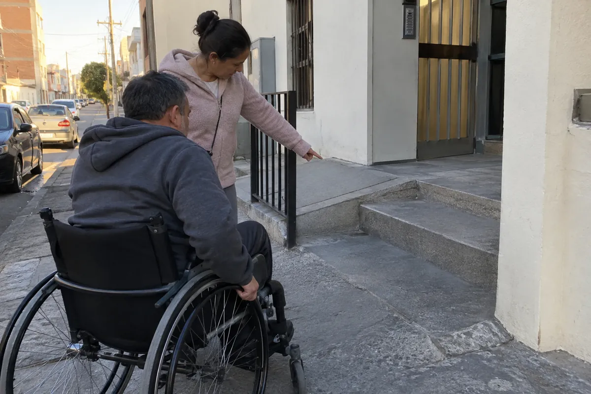 Una mujer señala el desnivel de una entrada junto a un hombre en silla de ruedas