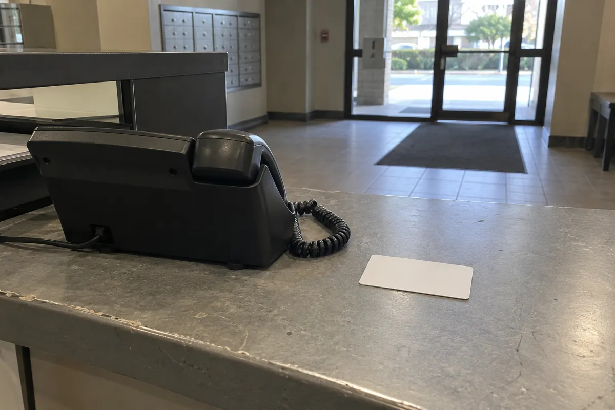 Un teléfono fijo visto desde atrás y una tarjeta blanca están sobre el mostrador de recepción