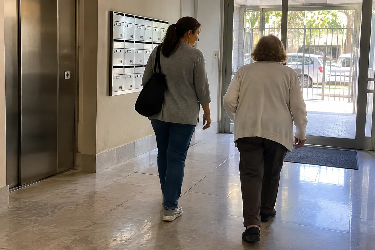 Dos mujeres adultas caminan juntas hacia la salida de un vestíbulo