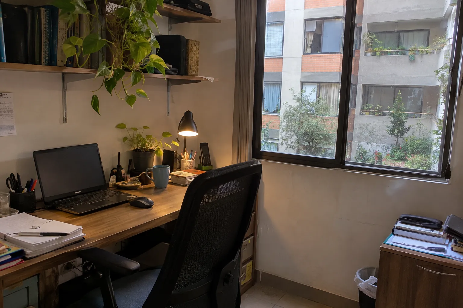 Escritorio con computadora portátil, papeles y una lámpara junto a una ventana