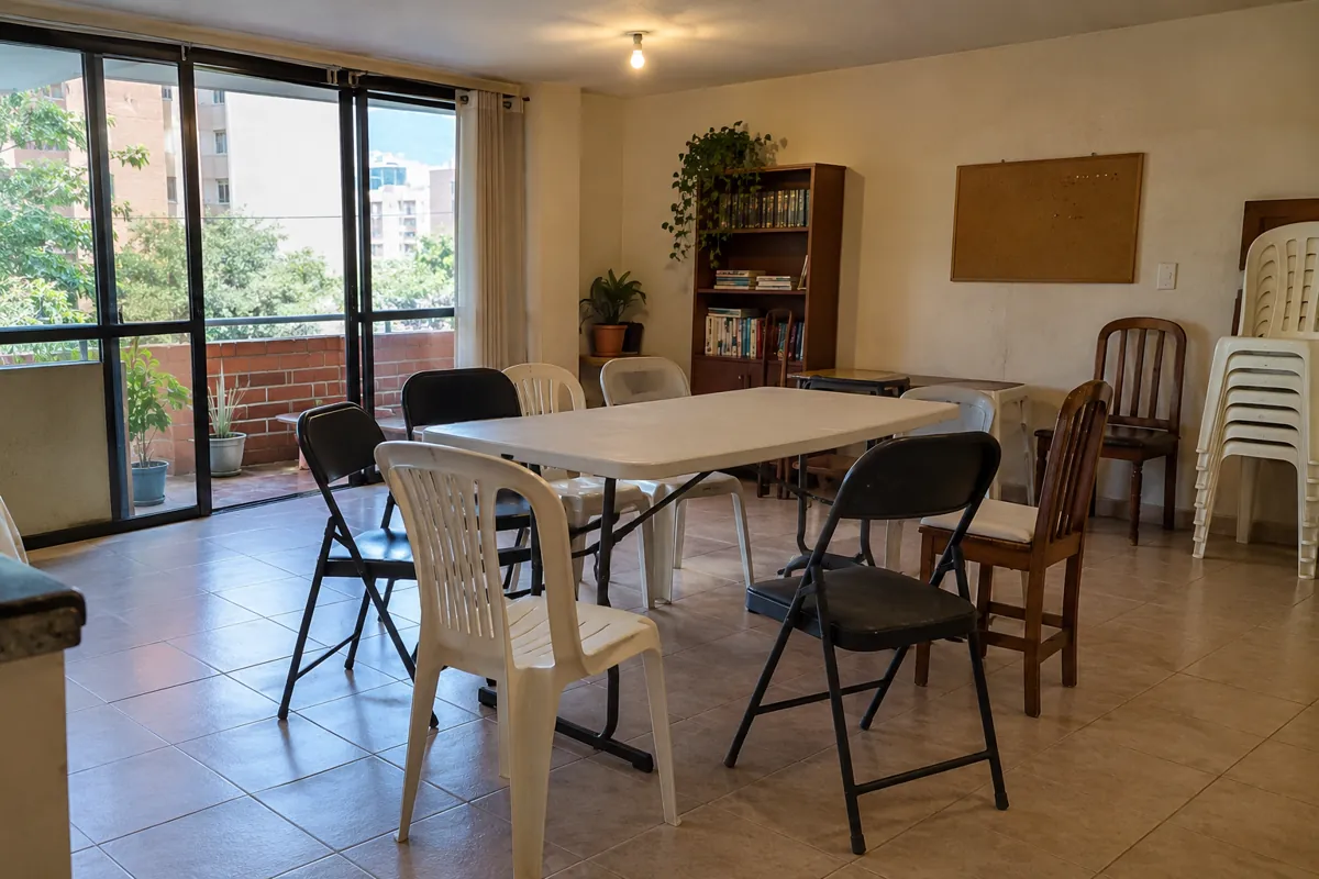 Mesa plegable rodeada de sillas de distintos modelos en un salón sin personas