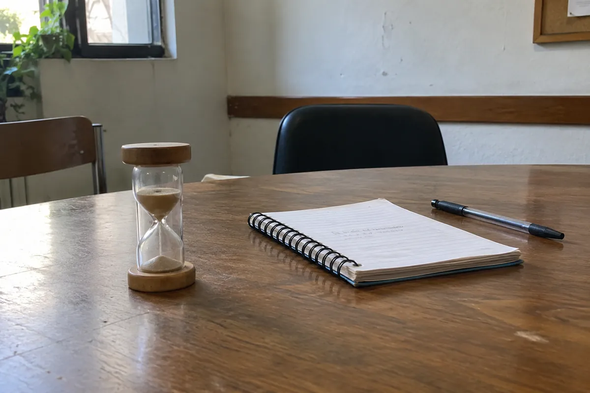 Reloj de arena junto a una libreta y un bolígrafo sobre una mesa de reunión