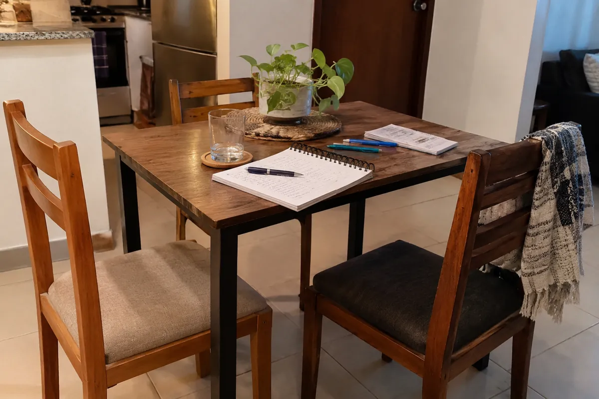 Tres sillas alrededor de una mesa con libretas, bolígrafos y un vaso
