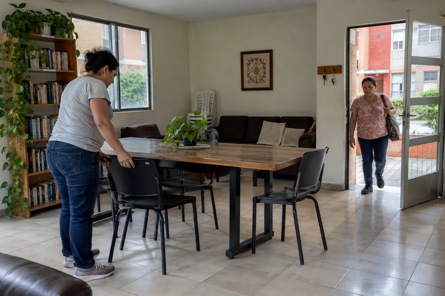 Una mujer acomoda una silla mientras otra entra al salón común