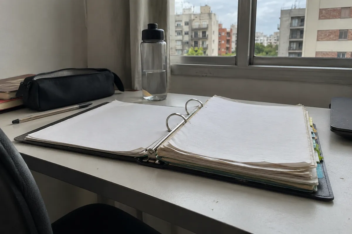 Carpeta abierta con anillas metálicas y hojas de bordes gastados sobre un escritorio junto a una ventana
