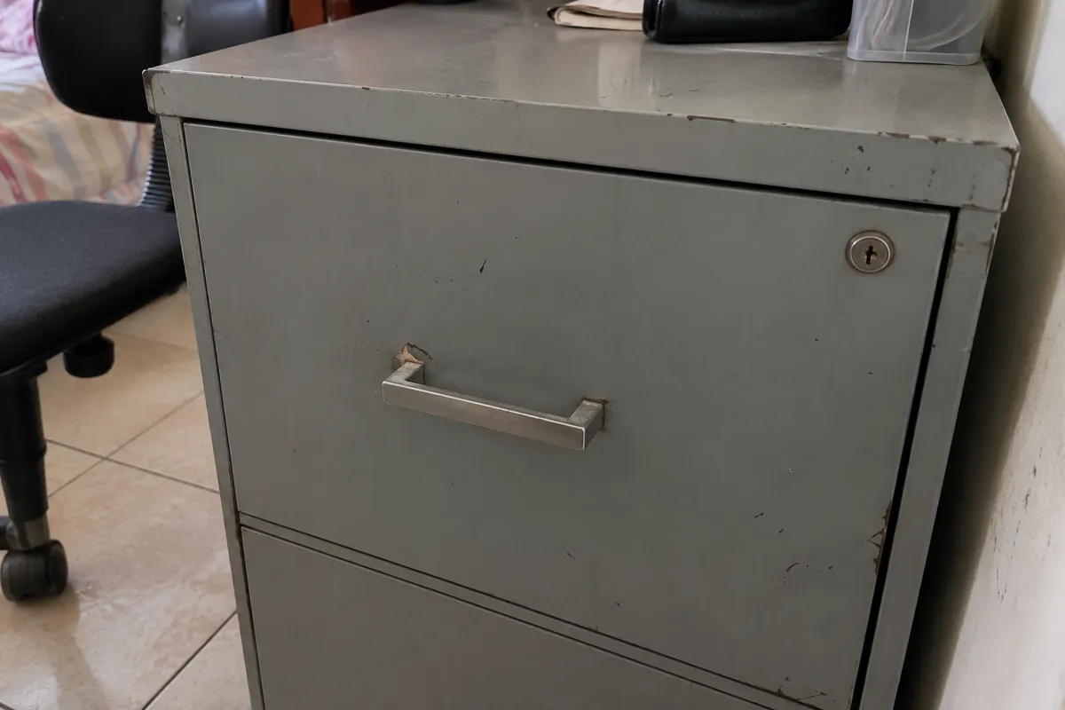 Cajón cerrado de un archivero metálico gris con cerradura y pintura desgastada