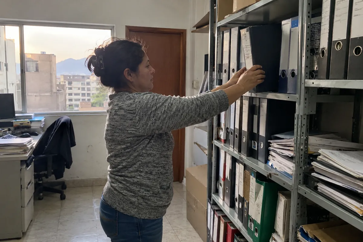 Una mujer acomoda una carpeta de anillas en un estante metálico