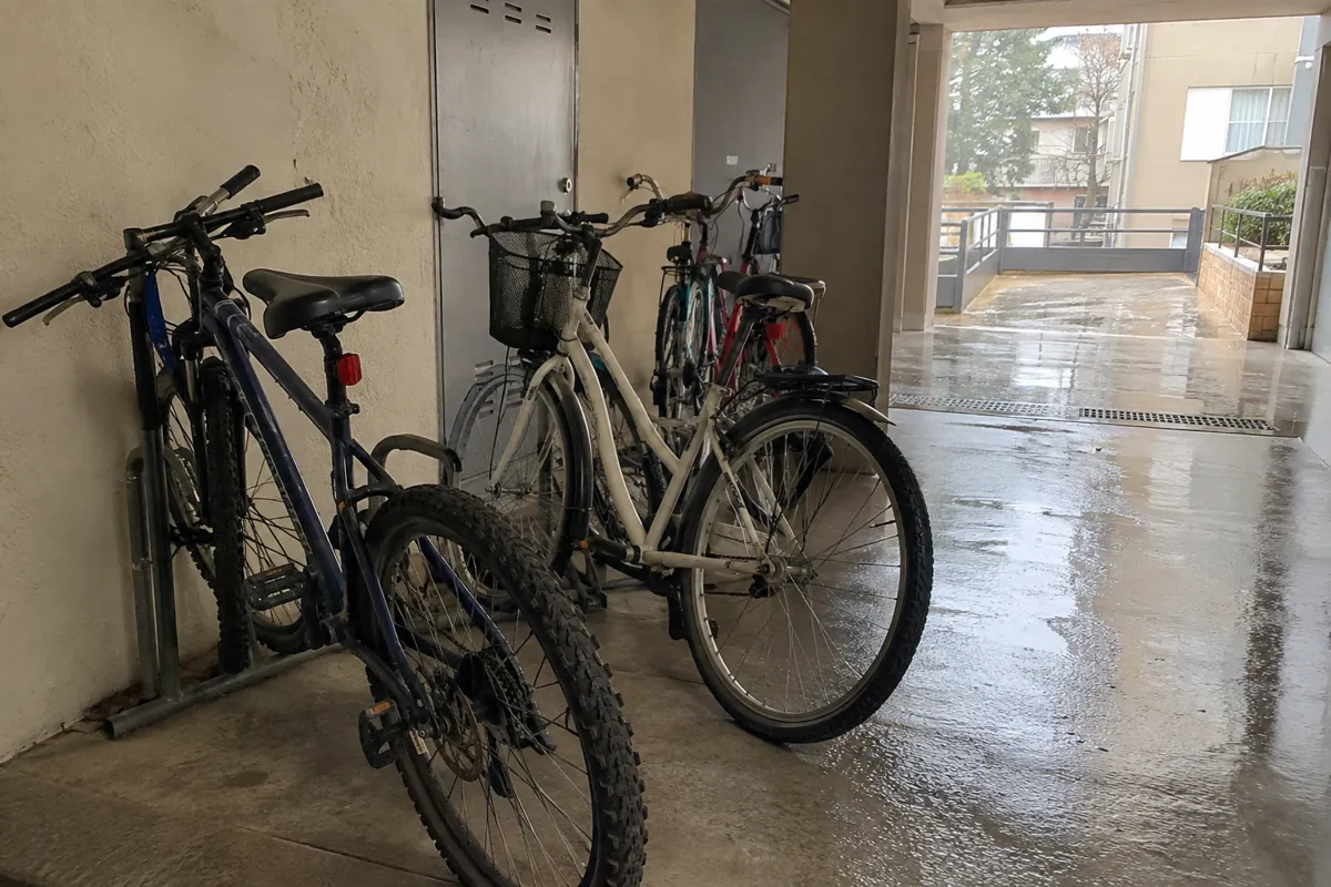 Varias bicicletas estacionadas junto a una pared dejan libre un pasillo hacia el exterior