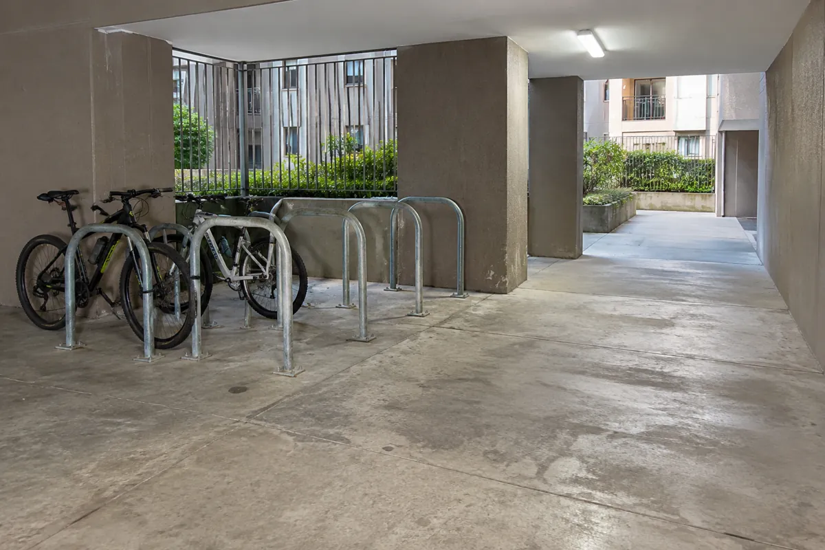 Bicicletas y soportes vacíos junto a un paso peatonal despejado
