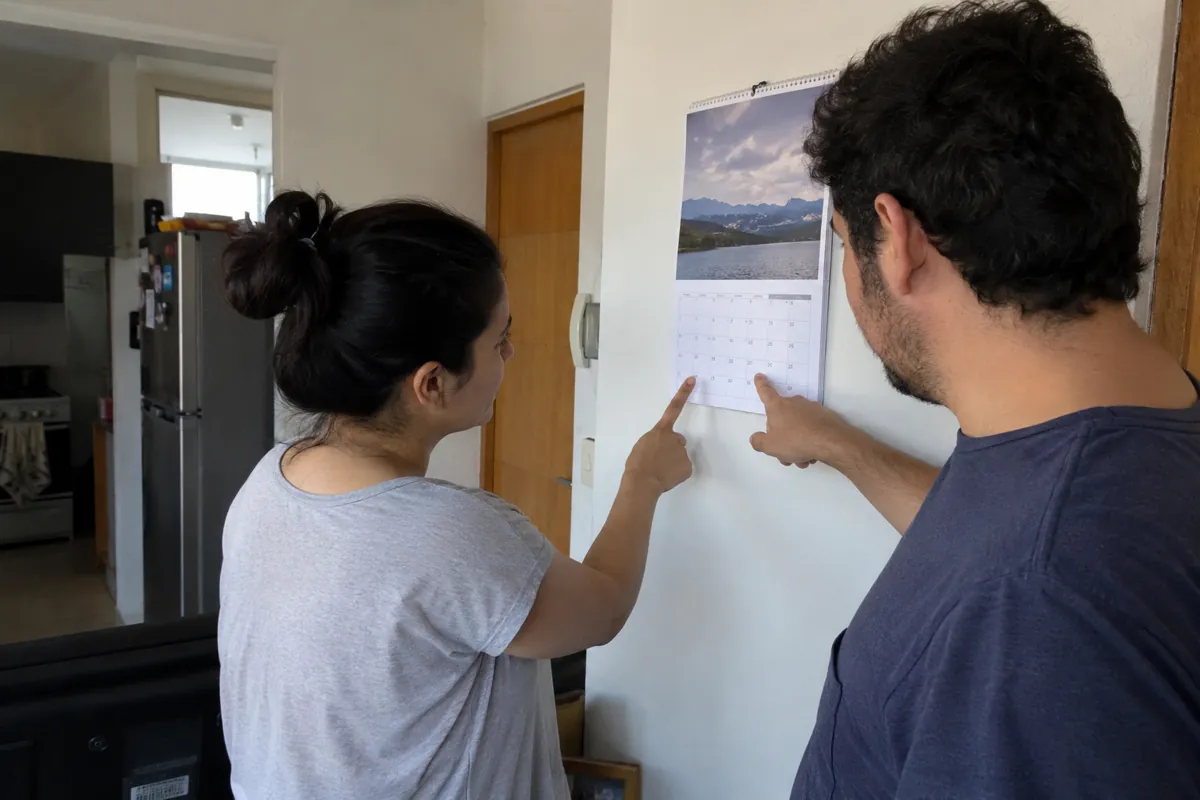 Dos personas señalan casillas de un calendario colgado en la pared
