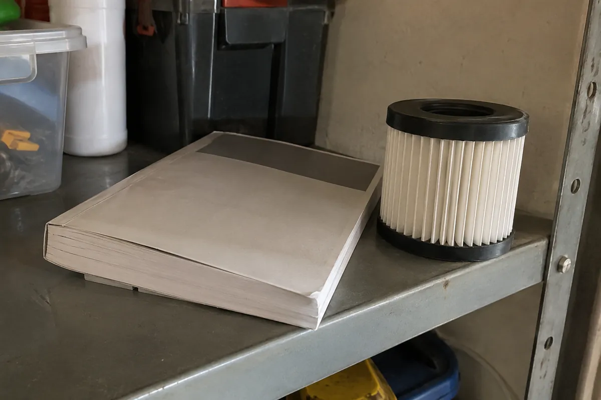 Libro cerrado y filtro cilíndrico sobre un estante metálico