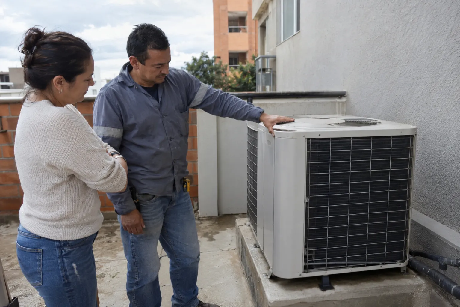 Dos personas observan una unidad exterior de aire acondicionado junto a una pared