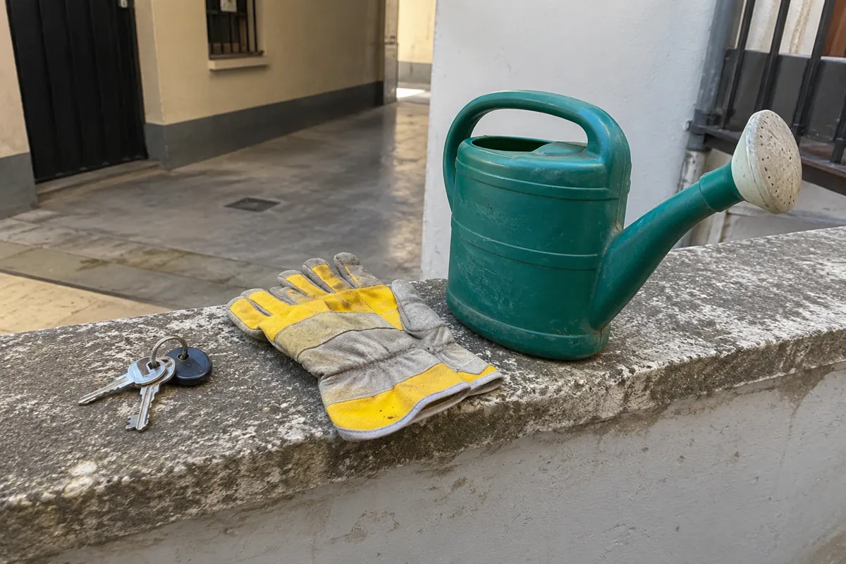 Llaves, guantes de trabajo y una regadera sobre un murete de concreto en un patio