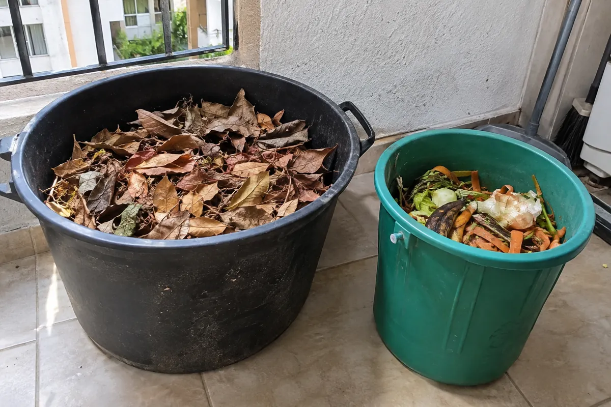 Hojas secas y restos de vegetales separados en dos recipientes junto a una ventana