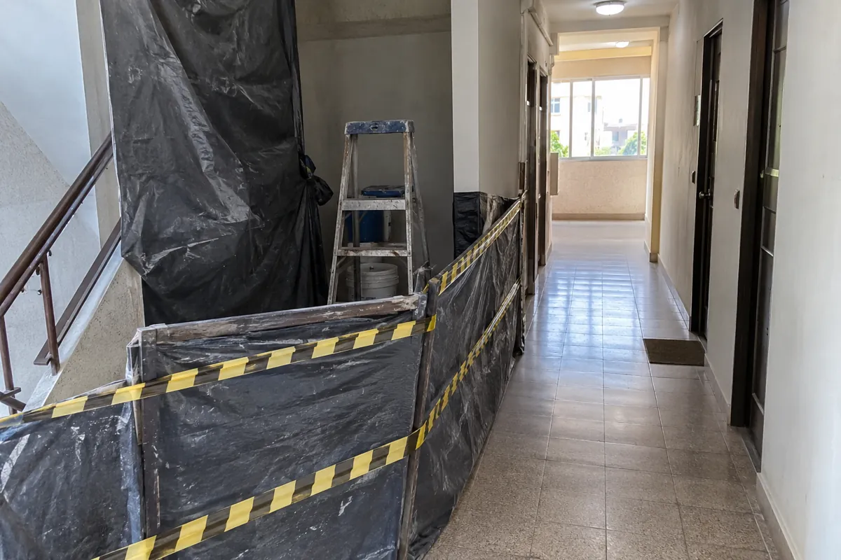 Zona de trabajo delimitada con barrera y cinta junto a un paso despejado en un pasillo
