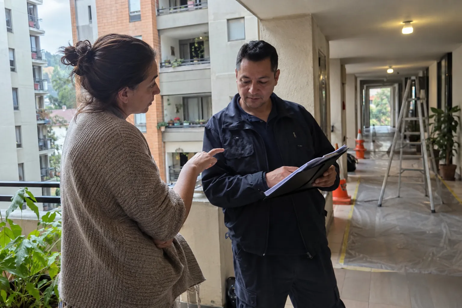 Dos personas revisan una carpeta en un pasillo con escaleras de mano y conos