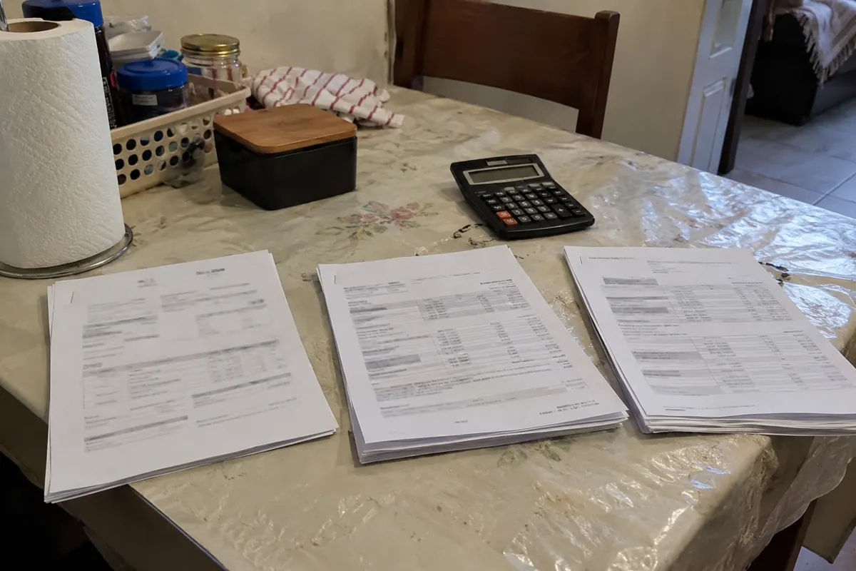 Tres grupos de documentos engrapados y una calculadora sobre una mesa con mantel