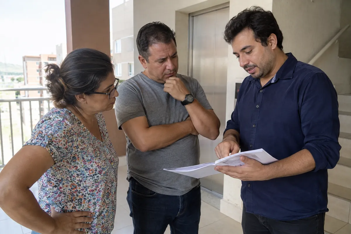 Tres personas revisan juntos unos documentos en un pasillo