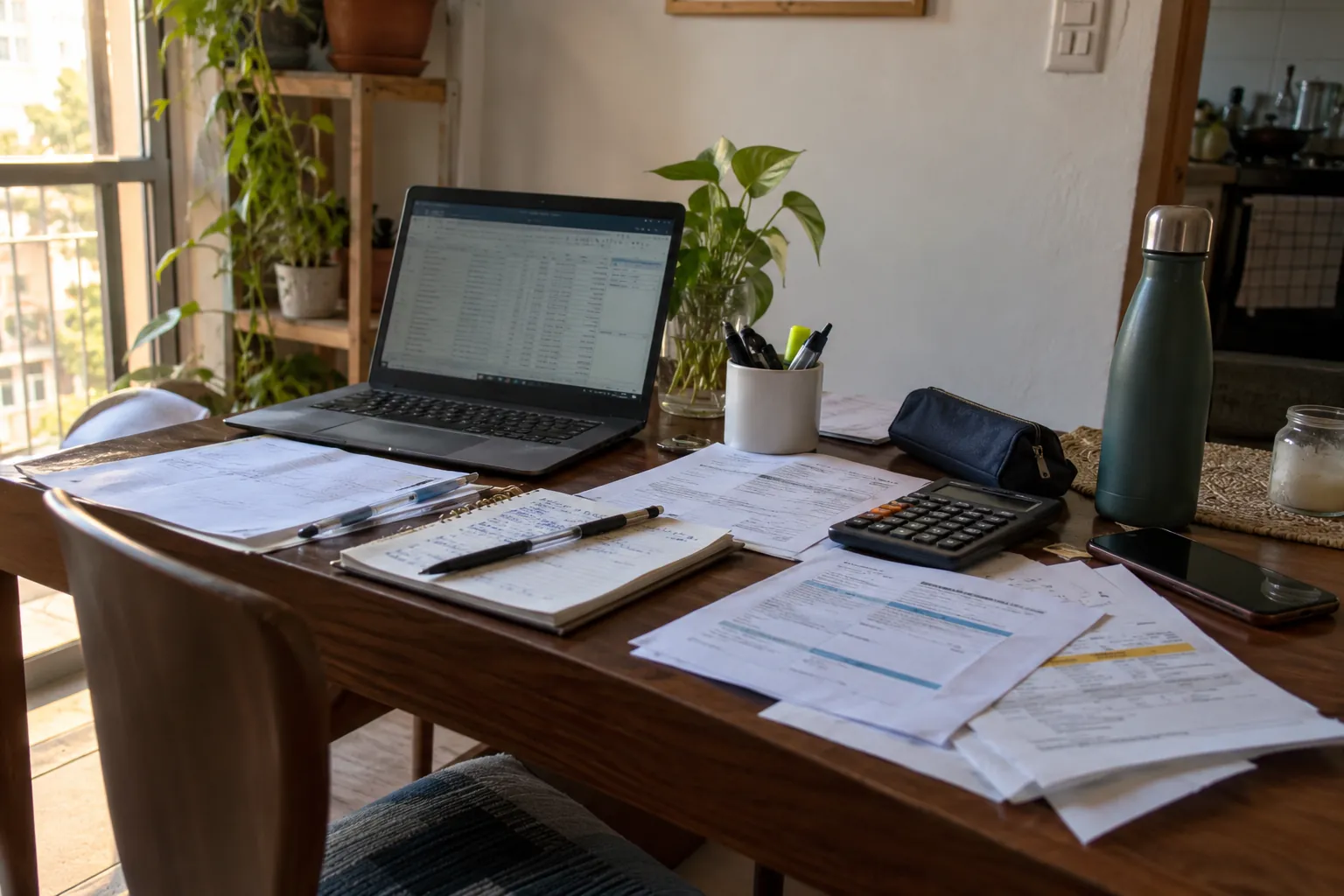Documentos, libreta, calculadora y computadora portátil sobre una mesa