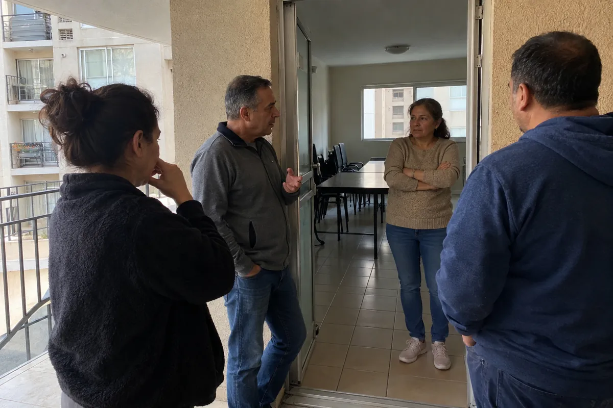 Cuatro personas conversan junto a la entrada de un salón con mesas y sillas
