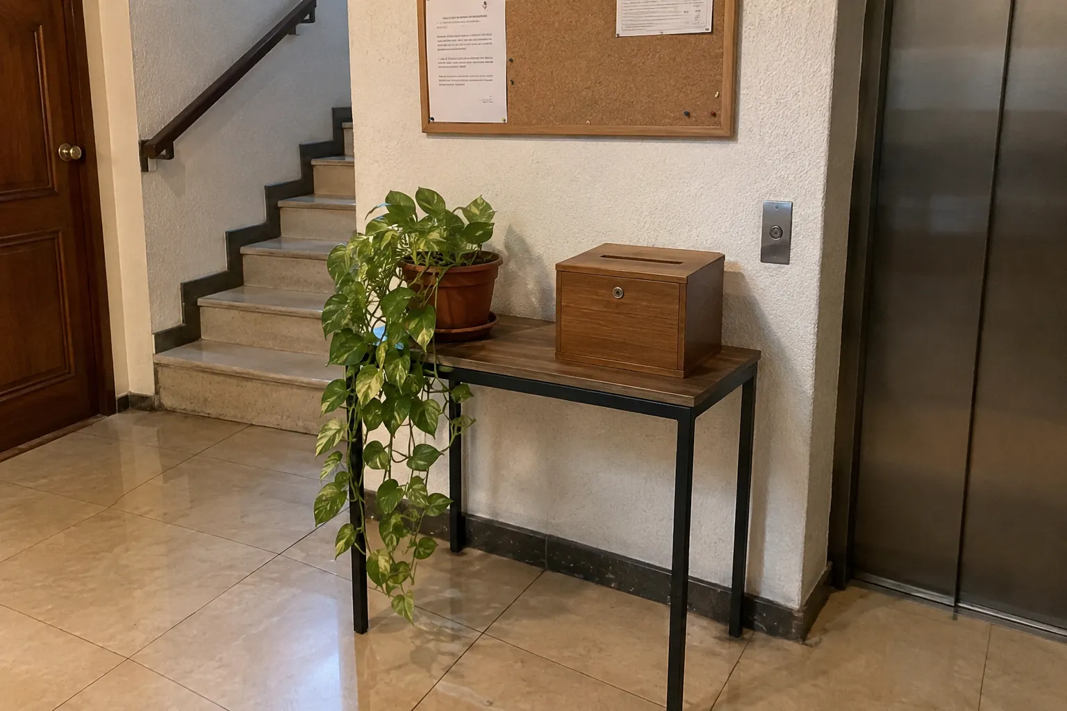Buzón de madera sobre una mesa junto al ascensor y las escaleras