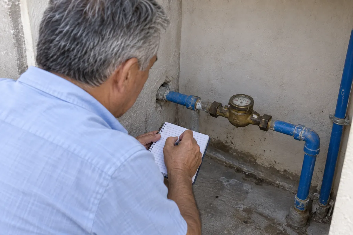 Un hombre toma notas frente a un medidor de agua conectado a tuberías azules