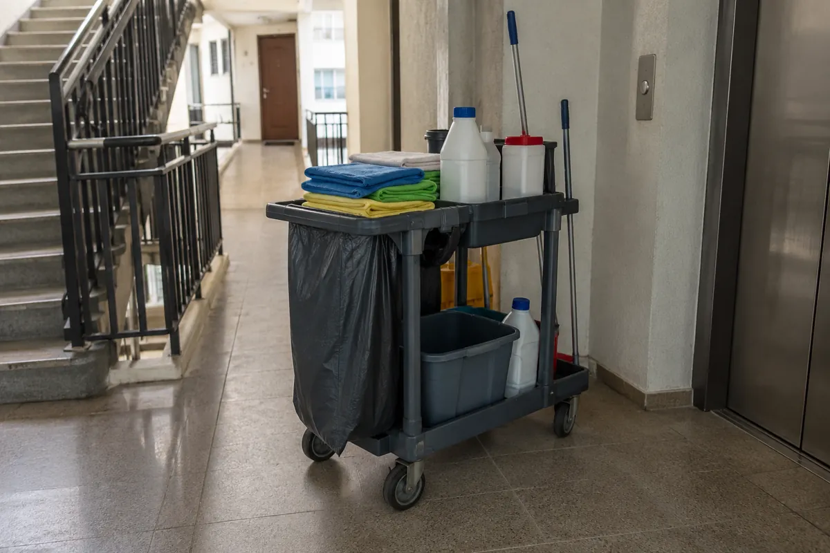 Carrito de limpieza con paños doblados, cubeta y envases cerrados junto a un elevador