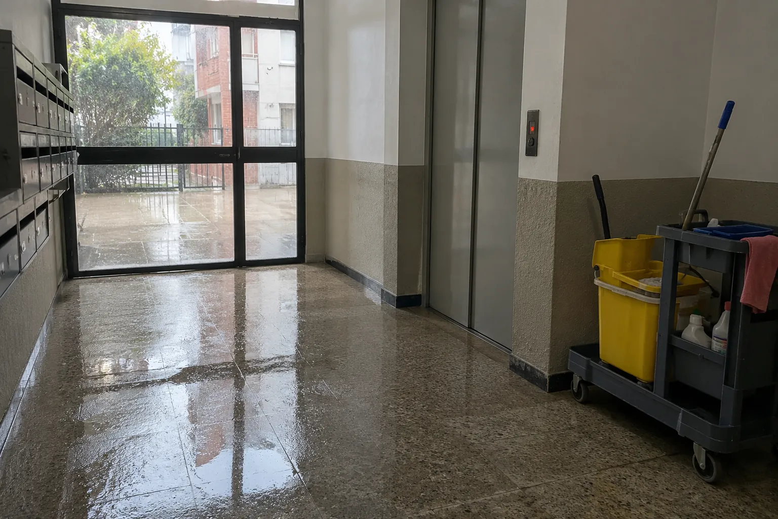 Carrito de limpieza junto al elevador y piso húmedo del vestíbulo